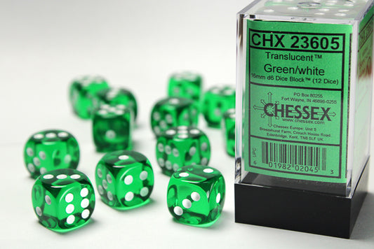 Translucent Green/white 16mm d6 Dice Block (12 dice)