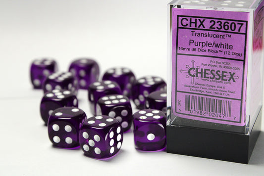 Translucent Purple/white 16mm d6 Dice Block (12 dice)