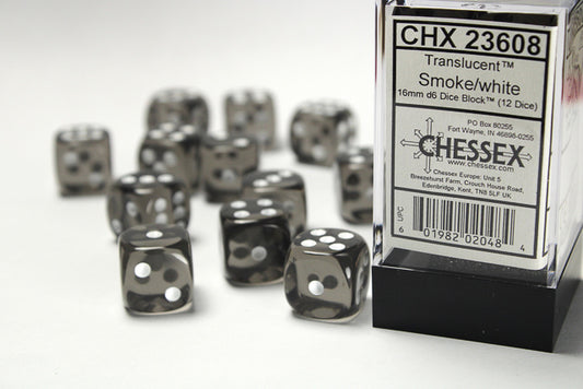Translucent Smoke/white 16mm d6 Dice Block (12 dice)